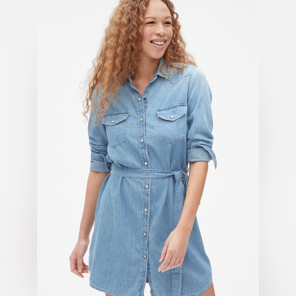 GAP Perfect Tie-Waist Denim Western Shirtdress